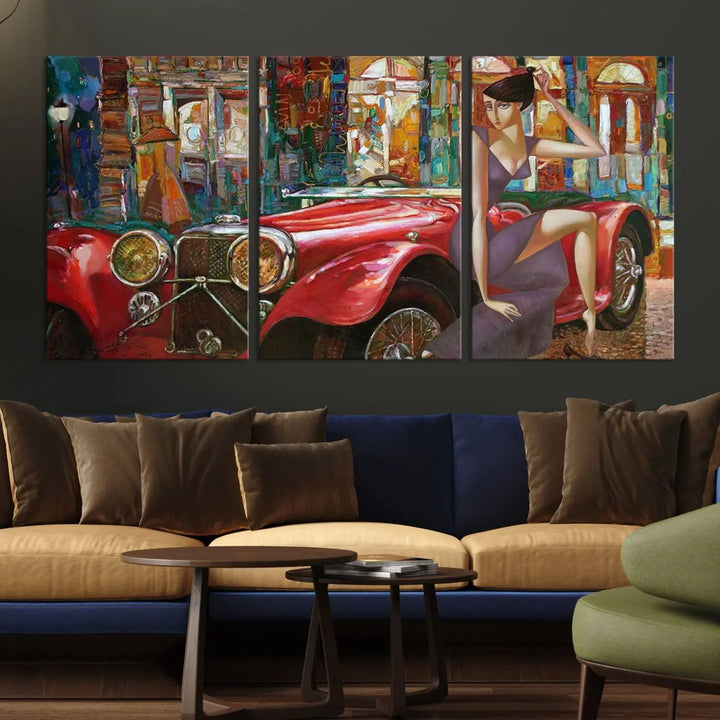 The modern living room is adorned with the "Lady With a Red Antique Car Wall Art Canvas Print," a triptych featuring a vintage red car and woman. This museum-quality canvas is ready to hang with a UV-protective coating to ensure lasting vibrancy.