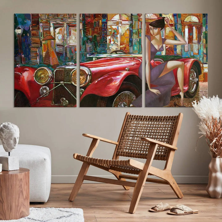 The modern living room is adorned with the "Lady With a Red Antique Car Wall Art Canvas Print," a triptych featuring a vintage red car and woman. This museum-quality canvas is ready to hang with a UV-protective coating to ensure lasting vibrancy.