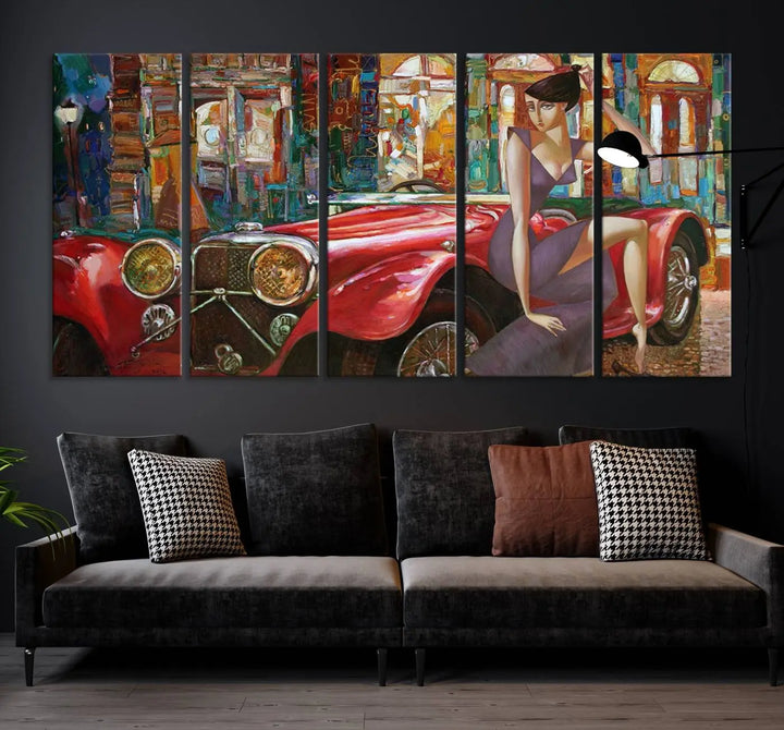 The modern living room is adorned with the "Lady With a Red Antique Car Wall Art Canvas Print," a triptych featuring a vintage red car and woman. This museum-quality canvas is ready to hang with a UV-protective coating to ensure lasting vibrancy.