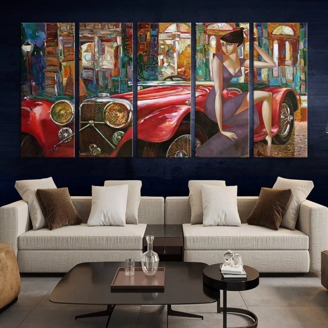 The modern living room is adorned with the "Lady With a Red Antique Car Wall Art Canvas Print," a triptych featuring a vintage red car and woman. This museum-quality canvas is ready to hang with a UV-protective coating to ensure lasting vibrancy.