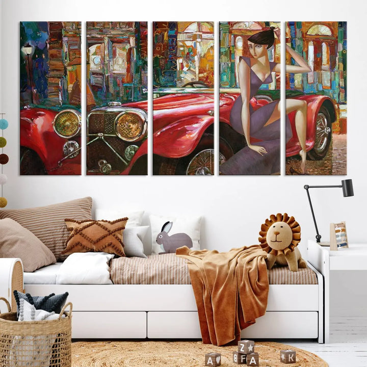 The modern living room is adorned with the "Lady With a Red Antique Car Wall Art Canvas Print," a triptych featuring a vintage red car and woman. This museum-quality canvas is ready to hang with a UV-protective coating to ensure lasting vibrancy.