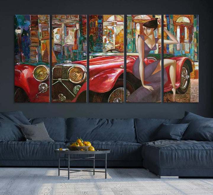 The modern living room is adorned with the "Lady With a Red Antique Car Wall Art Canvas Print," a triptych featuring a vintage red car and woman. This museum-quality canvas is ready to hang with a UV-protective coating to ensure lasting vibrancy.