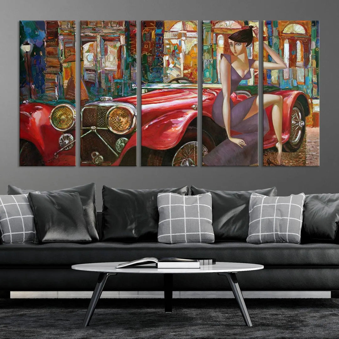 The modern living room is adorned with the "Lady With a Red Antique Car Wall Art Canvas Print," a triptych featuring a vintage red car and woman. This museum-quality canvas is ready to hang with a UV-protective coating to ensure lasting vibrancy.