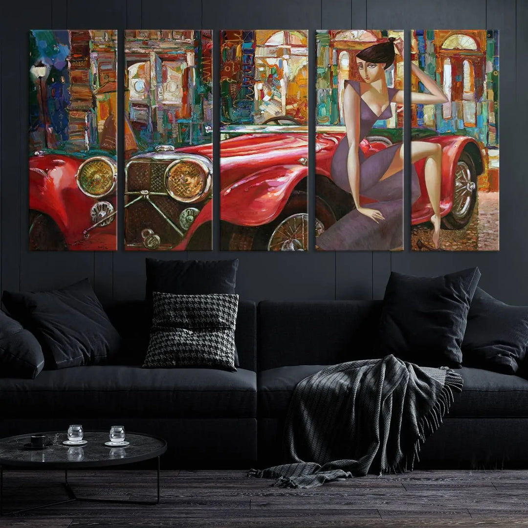 The modern living room is adorned with the "Lady With a Red Antique Car Wall Art Canvas Print," a triptych featuring a vintage red car and woman. This museum-quality canvas is ready to hang with a UV-protective coating to ensure lasting vibrancy.