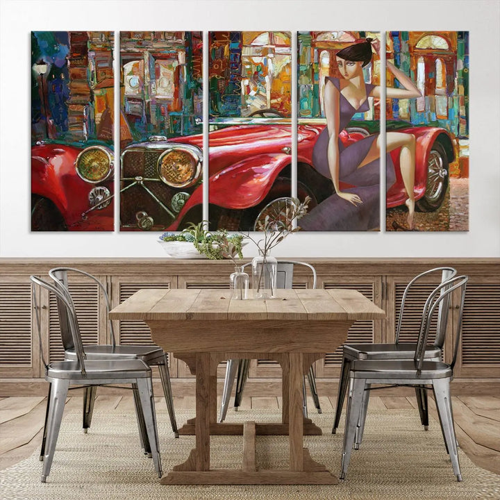 The modern living room is adorned with the "Lady With a Red Antique Car Wall Art Canvas Print," a triptych featuring a vintage red car and woman. This museum-quality canvas is ready to hang with a UV-protective coating to ensure lasting vibrancy.