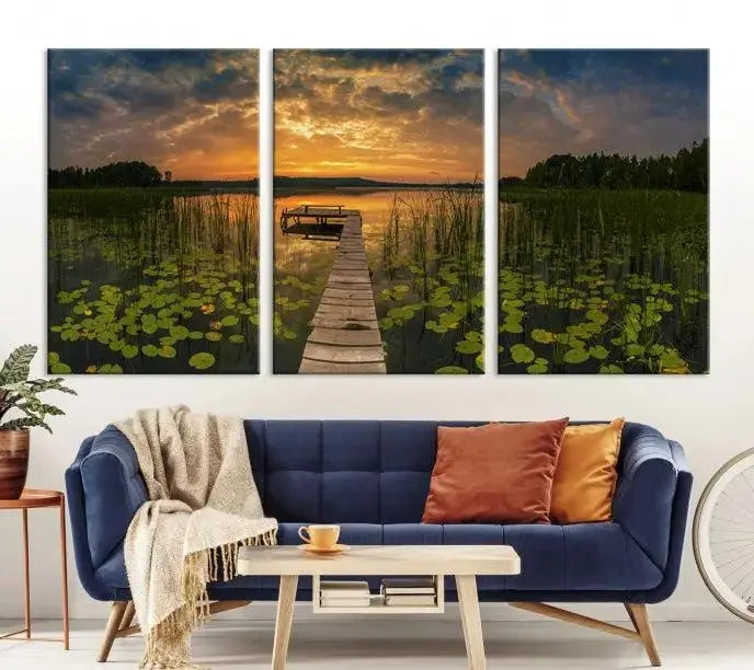 The Lake and Flower Wall Art Canvas Print, crafted on museum-quality canvas and featuring a UV-protective coating, elegantly adorns the space. Ready to hang, it captures the serene beauty of a lake sunset with a pier, transforming your living area into an inviting oasis.