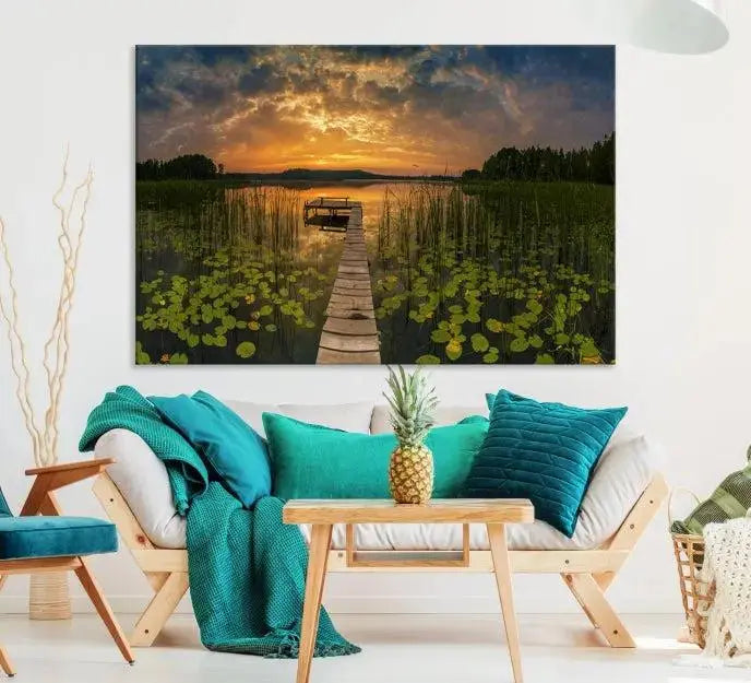 The Lake and Flower Wall Art Canvas Print, crafted on museum-quality canvas and featuring a UV-protective coating, elegantly adorns the space. Ready to hang, it captures the serene beauty of a lake sunset with a pier, transforming your living area into an inviting oasis.