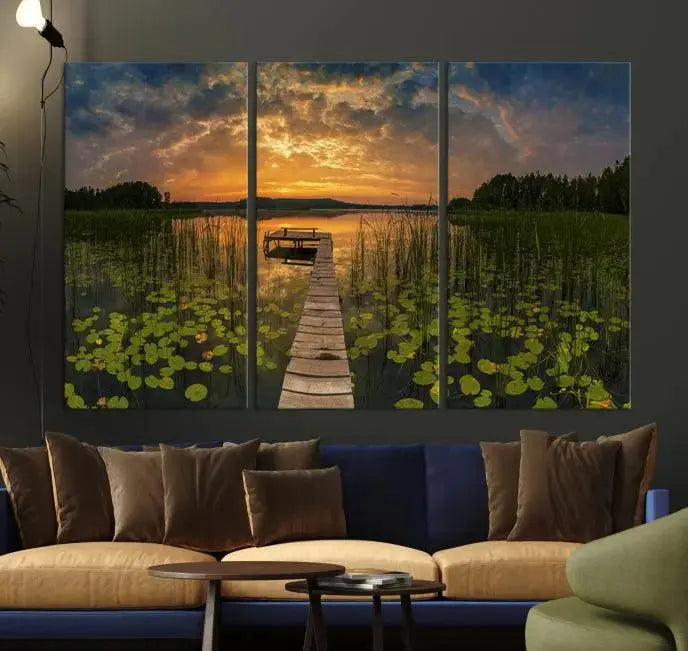 The Lake and Flower Wall Art Canvas Print, crafted on museum-quality canvas and featuring a UV-protective coating, elegantly adorns the space. Ready to hang, it captures the serene beauty of a lake sunset with a pier, transforming your living area into an inviting oasis.