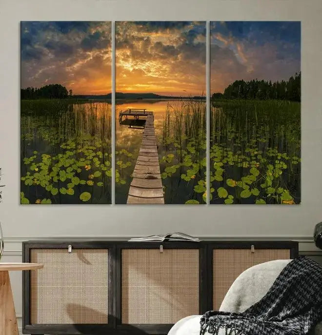 The Lake and Flower Wall Art Canvas Print, crafted on museum-quality canvas and featuring a UV-protective coating, elegantly adorns the space. Ready to hang, it captures the serene beauty of a lake sunset with a pier, transforming your living area into an inviting oasis.