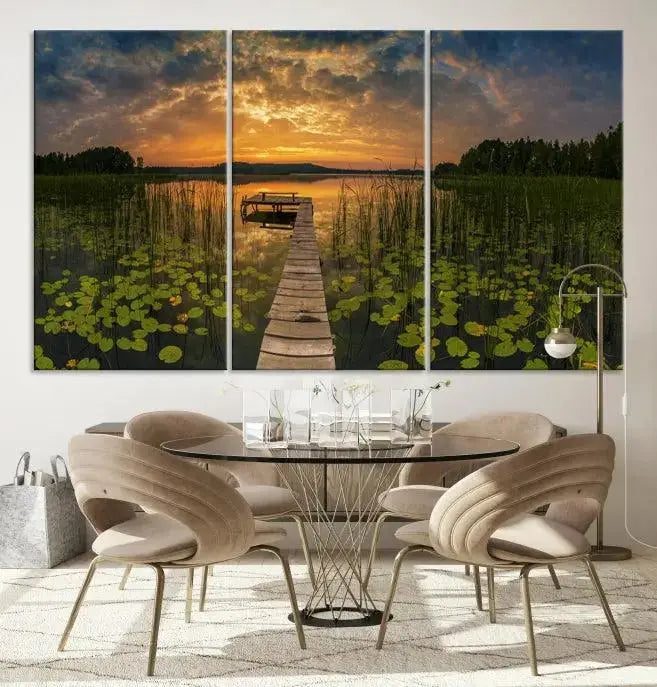 The Lake and Flower Wall Art Canvas Print, crafted on museum-quality canvas and featuring a UV-protective coating, elegantly adorns the space. Ready to hang, it captures the serene beauty of a lake sunset with a pier, transforming your living area into an inviting oasis.