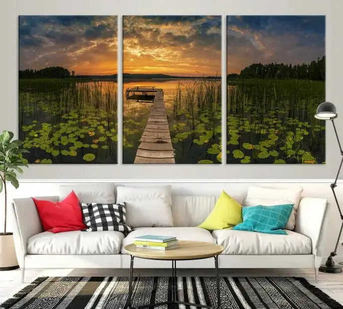 The Lake and Flower Wall Art Canvas Print, crafted on museum-quality canvas and featuring a UV-protective coating, elegantly adorns the space. Ready to hang, it captures the serene beauty of a lake sunset with a pier, transforming your living area into an inviting oasis.