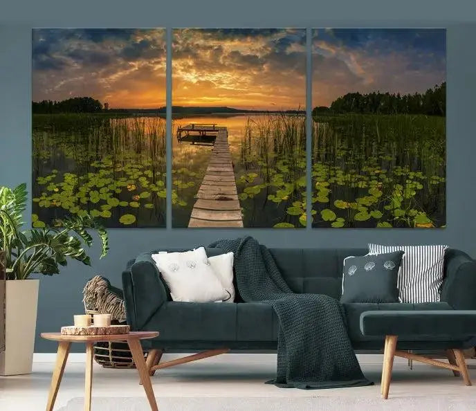 The Lake and Flower Wall Art Canvas Print, crafted on museum-quality canvas and featuring a UV-protective coating, elegantly adorns the space. Ready to hang, it captures the serene beauty of a lake sunset with a pier, transforming your living area into an inviting oasis.