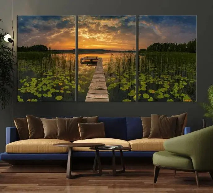 The Lake and Flower Wall Art Canvas Print, crafted on museum-quality canvas and featuring a UV-protective coating, elegantly adorns the space. Ready to hang, it captures the serene beauty of a lake sunset with a pier, transforming your living area into an inviting oasis.