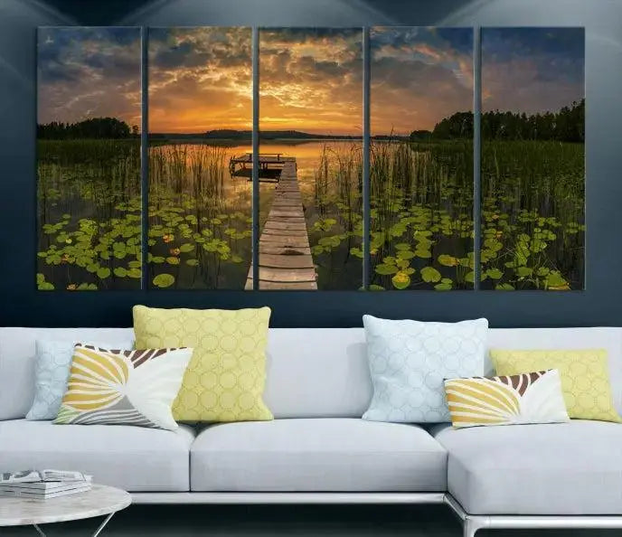 The Lake and Flower Wall Art Canvas Print, crafted on museum-quality canvas and featuring a UV-protective coating, elegantly adorns the space. Ready to hang, it captures the serene beauty of a lake sunset with a pier, transforming your living area into an inviting oasis.