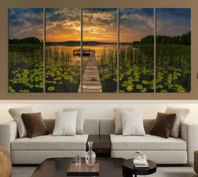 The Lake and Flower Wall Art Canvas Print, crafted on museum-quality canvas and featuring a UV-protective coating, elegantly adorns the space. Ready to hang, it captures the serene beauty of a lake sunset with a pier, transforming your living area into an inviting oasis.