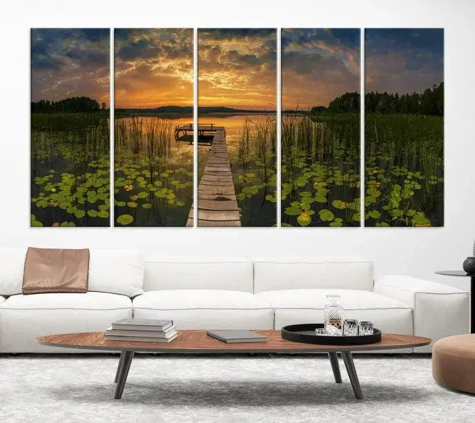 The Lake and Flower Wall Art Canvas Print, crafted on museum-quality canvas and featuring a UV-protective coating, elegantly adorns the space. Ready to hang, it captures the serene beauty of a lake sunset with a pier, transforming your living area into an inviting oasis.