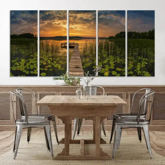 The Lake and Flower Wall Art Canvas Print, crafted on museum-quality canvas and featuring a UV-protective coating, elegantly adorns the space. Ready to hang, it captures the serene beauty of a lake sunset with a pier, transforming your living area into an inviting oasis.