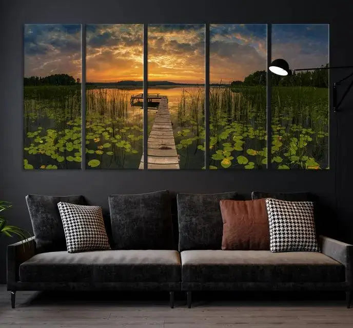 The Lake and Flower Wall Art Canvas Print, crafted on museum-quality canvas and featuring a UV-protective coating, elegantly adorns the space. Ready to hang, it captures the serene beauty of a lake sunset with a pier, transforming your living area into an inviting oasis.