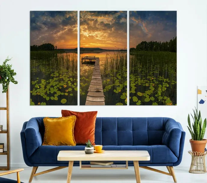 The Lake and Flower Wall Art Canvas Print, crafted on museum-quality canvas and featuring a UV-protective coating, elegantly adorns the space. Ready to hang, it captures the serene beauty of a lake sunset with a pier, transforming your living area into an inviting oasis.