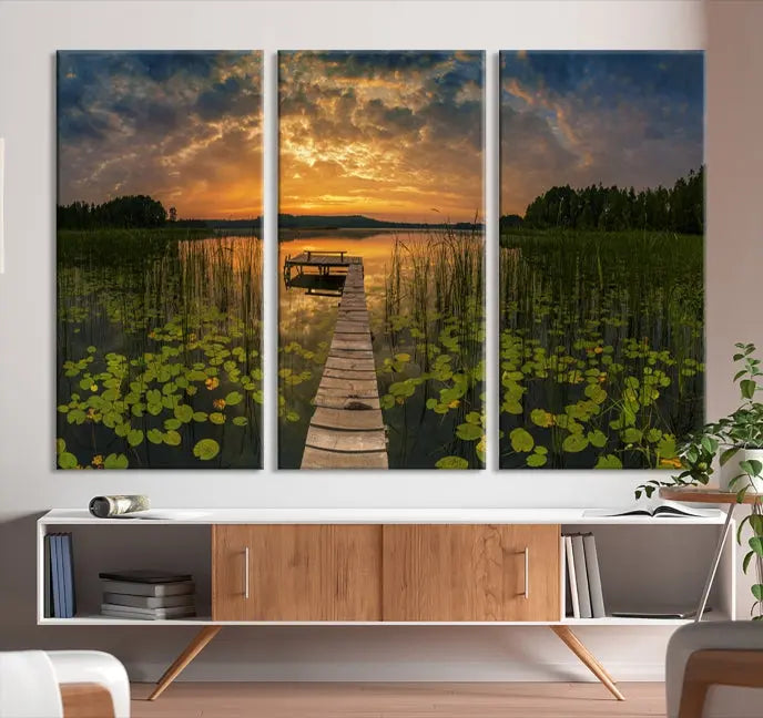 The Lake and Flower Wall Art Canvas Print, crafted on museum-quality canvas and featuring a UV-protective coating, elegantly adorns the space. Ready to hang, it captures the serene beauty of a lake sunset with a pier, transforming your living area into an inviting oasis.