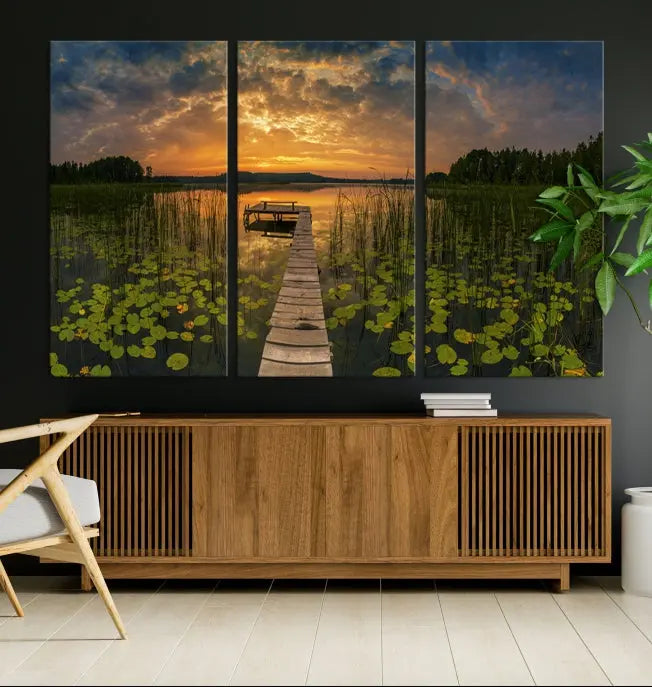 The Lake and Flower Wall Art Canvas Print, crafted on museum-quality canvas and featuring a UV-protective coating, elegantly adorns the space. Ready to hang, it captures the serene beauty of a lake sunset with a pier, transforming your living area into an inviting oasis.