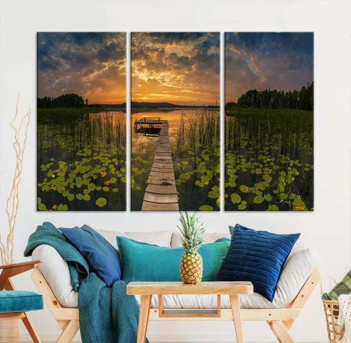 The Lake and Flower Wall Art Canvas Print, crafted on museum-quality canvas and featuring a UV-protective coating, elegantly adorns the space. Ready to hang, it captures the serene beauty of a lake sunset with a pier, transforming your living area into an inviting oasis.