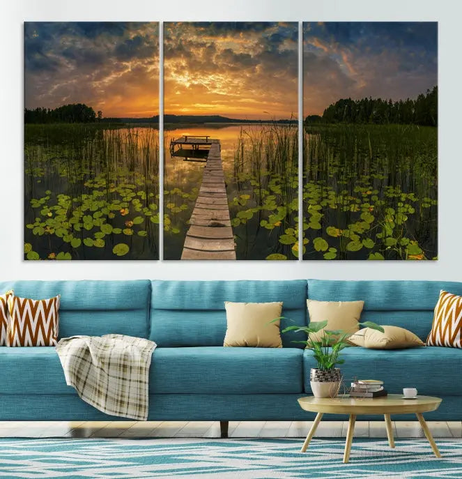 The Lake and Flower Wall Art Canvas Print, crafted on museum-quality canvas and featuring a UV-protective coating, elegantly adorns the space. Ready to hang, it captures the serene beauty of a lake sunset with a pier, transforming your living area into an inviting oasis.