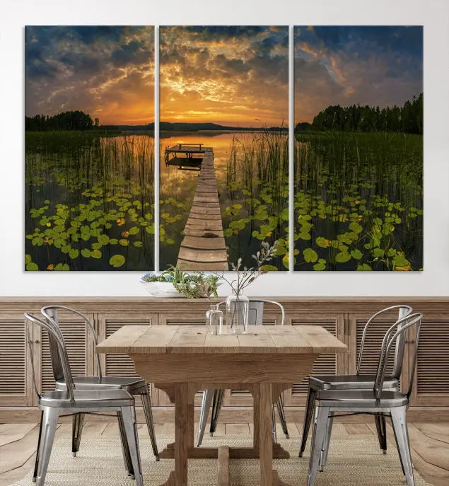 The Lake and Flower Wall Art Canvas Print, crafted on museum-quality canvas and featuring a UV-protective coating, elegantly adorns the space. Ready to hang, it captures the serene beauty of a lake sunset with a pier, transforming your living area into an inviting oasis.