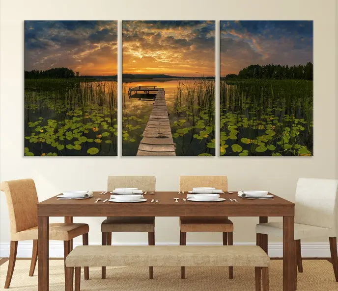 The Lake and Flower Wall Art Canvas Print, crafted on museum-quality canvas and featuring a UV-protective coating, elegantly adorns the space. Ready to hang, it captures the serene beauty of a lake sunset with a pier, transforming your living area into an inviting oasis.