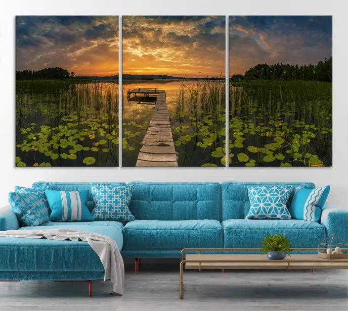 The Lake and Flower Wall Art Canvas Print, crafted on museum-quality canvas and featuring a UV-protective coating, elegantly adorns the space. Ready to hang, it captures the serene beauty of a lake sunset with a pier, transforming your living area into an inviting oasis.