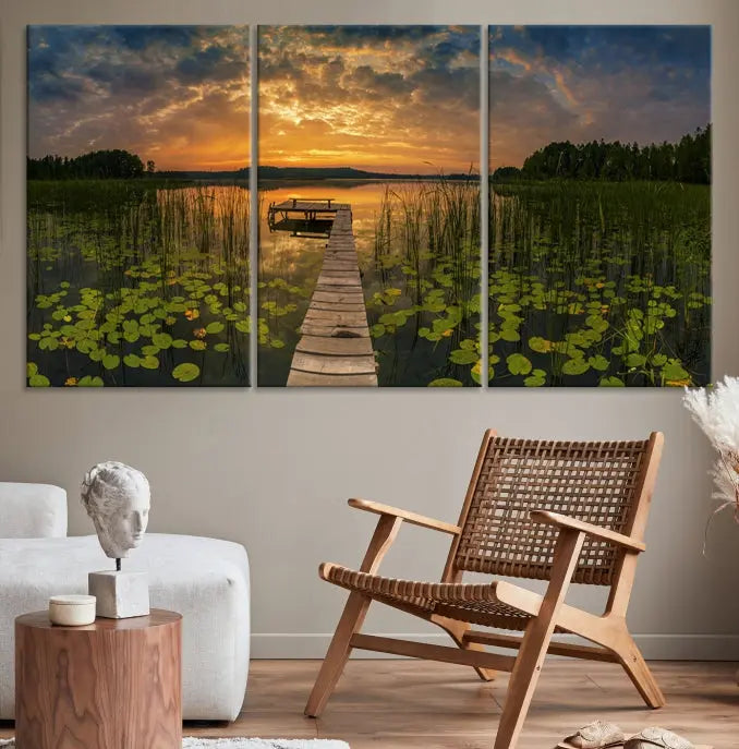 The Lake and Flower Wall Art Canvas Print, crafted on museum-quality canvas and featuring a UV-protective coating, elegantly adorns the space. Ready to hang, it captures the serene beauty of a lake sunset with a pier, transforming your living area into an inviting oasis.