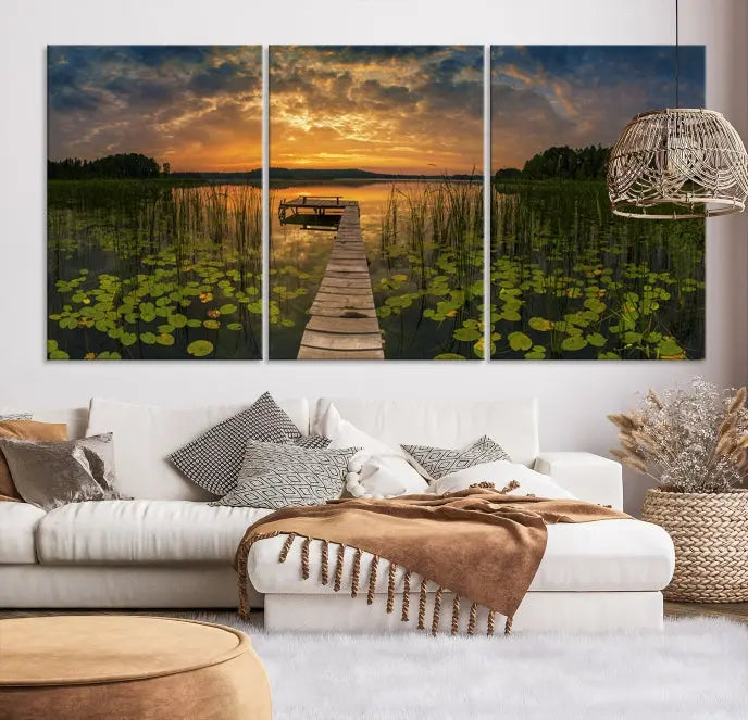 The Lake and Flower Wall Art Canvas Print, crafted on museum-quality canvas and featuring a UV-protective coating, elegantly adorns the space. Ready to hang, it captures the serene beauty of a lake sunset with a pier, transforming your living area into an inviting oasis.