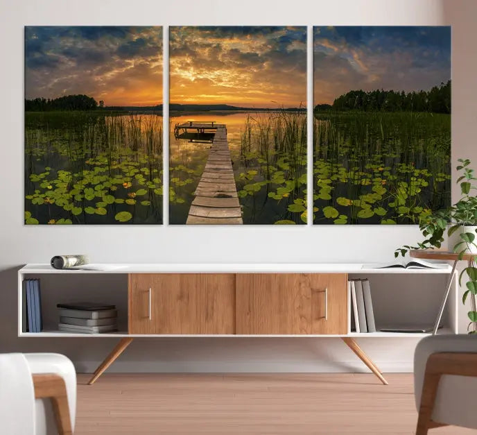 The Lake and Flower Wall Art Canvas Print, crafted on museum-quality canvas and featuring a UV-protective coating, elegantly adorns the space. Ready to hang, it captures the serene beauty of a lake sunset with a pier, transforming your living area into an inviting oasis.