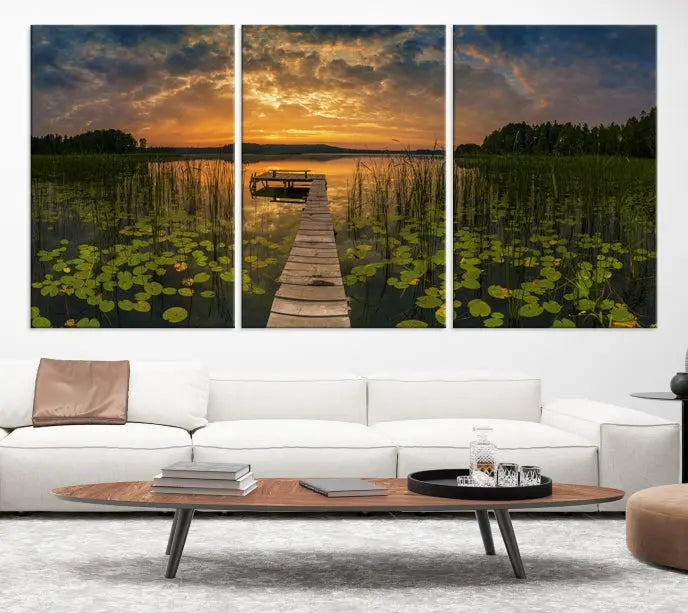 The Lake and Flower Wall Art Canvas Print, crafted on museum-quality canvas and featuring a UV-protective coating, elegantly adorns the space. Ready to hang, it captures the serene beauty of a lake sunset with a pier, transforming your living area into an inviting oasis.