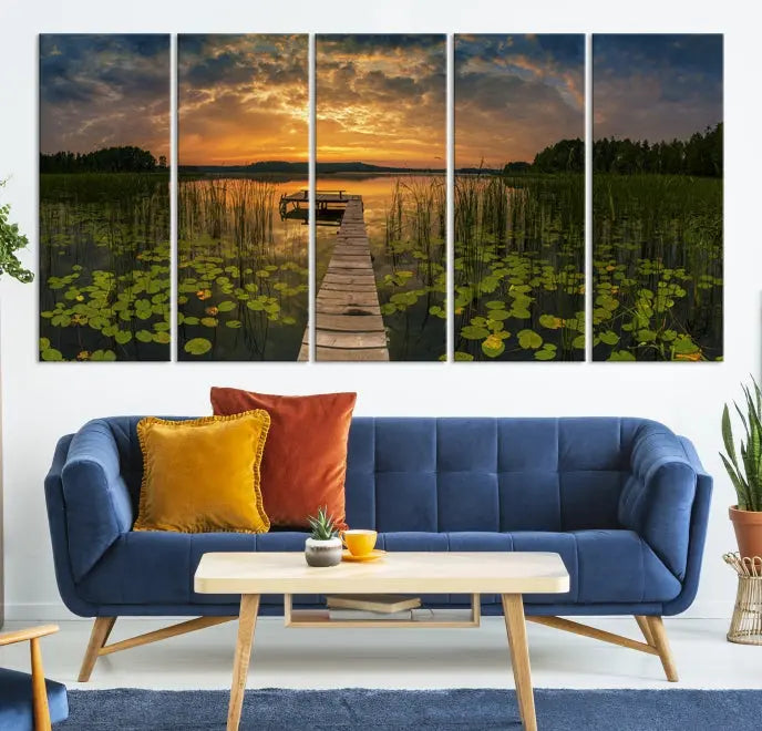 The Lake and Flower Wall Art Canvas Print, crafted on museum-quality canvas and featuring a UV-protective coating, elegantly adorns the space. Ready to hang, it captures the serene beauty of a lake sunset with a pier, transforming your living area into an inviting oasis.