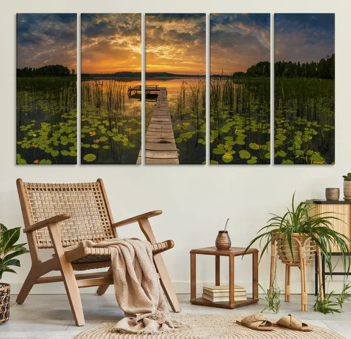 The Lake and Flower Wall Art Canvas Print, crafted on museum-quality canvas and featuring a UV-protective coating, elegantly adorns the space. Ready to hang, it captures the serene beauty of a lake sunset with a pier, transforming your living area into an inviting oasis.