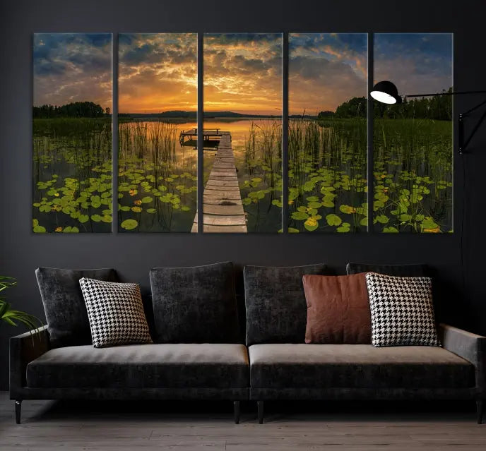 The Lake and Flower Wall Art Canvas Print, crafted on museum-quality canvas and featuring a UV-protective coating, elegantly adorns the space. Ready to hang, it captures the serene beauty of a lake sunset with a pier, transforming your living area into an inviting oasis.