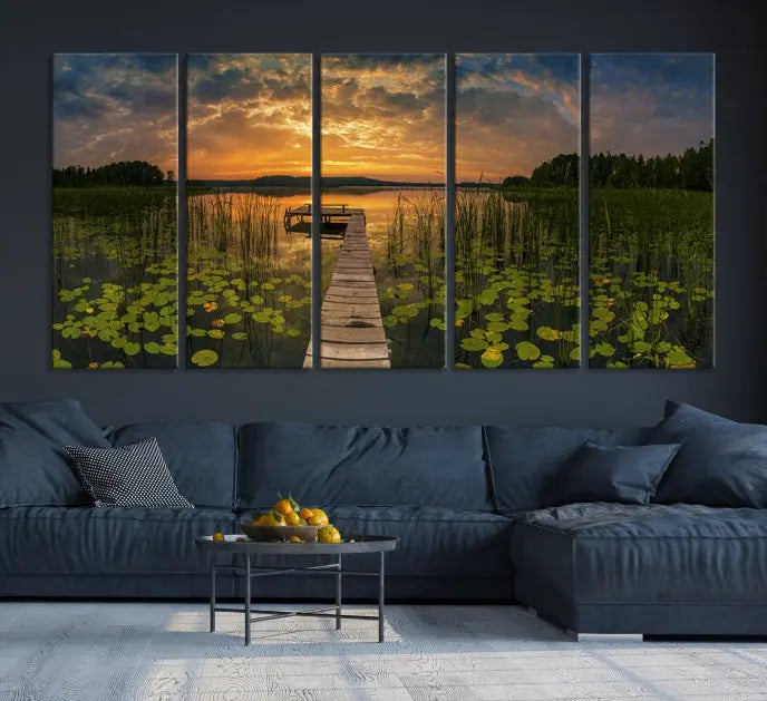 The Lake and Flower Wall Art Canvas Print, crafted on museum-quality canvas and featuring a UV-protective coating, elegantly adorns the space. Ready to hang, it captures the serene beauty of a lake sunset with a pier, transforming your living area into an inviting oasis.