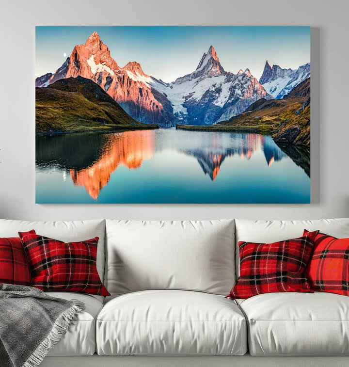 The living room features the Landscape Mountain and Lake View Wall Art Canvas Print. This triptych is expertly handmade in the USA on museum-quality canvas and includes a UV-protective coating to ensure lasting beauty.