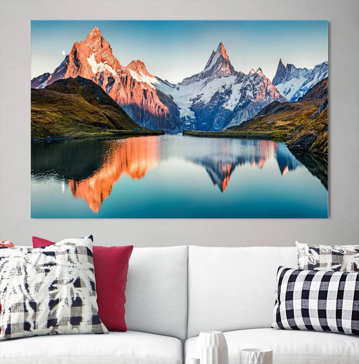 The living room features the Landscape Mountain and Lake View Wall Art Canvas Print. This triptych is expertly handmade in the USA on museum-quality canvas and includes a UV-protective coating to ensure lasting beauty.