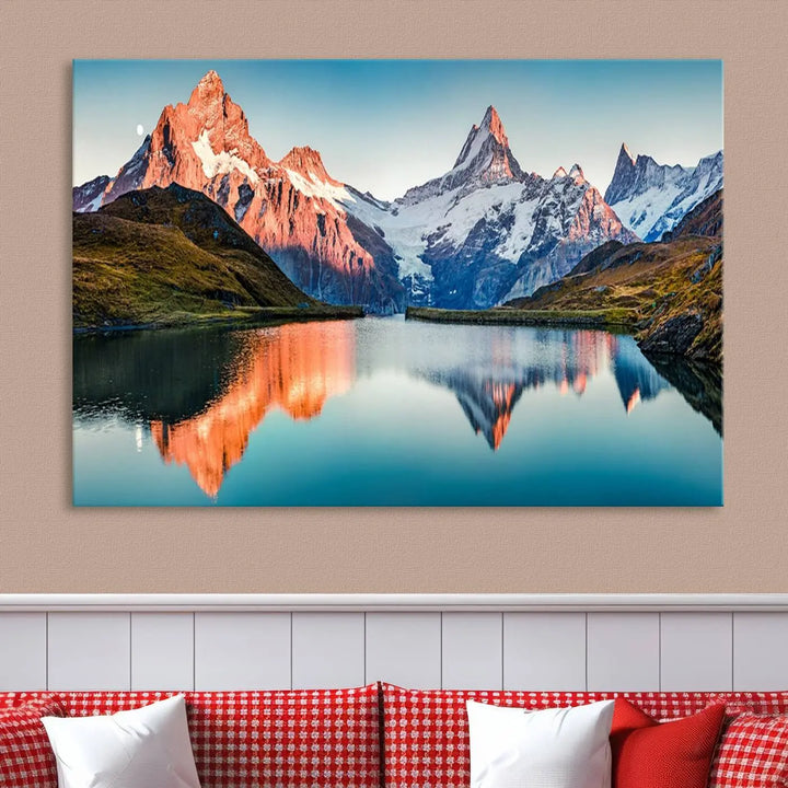 The living room features the Landscape Mountain and Lake View Wall Art Canvas Print. This triptych is expertly handmade in the USA on museum-quality canvas and includes a UV-protective coating to ensure lasting beauty.