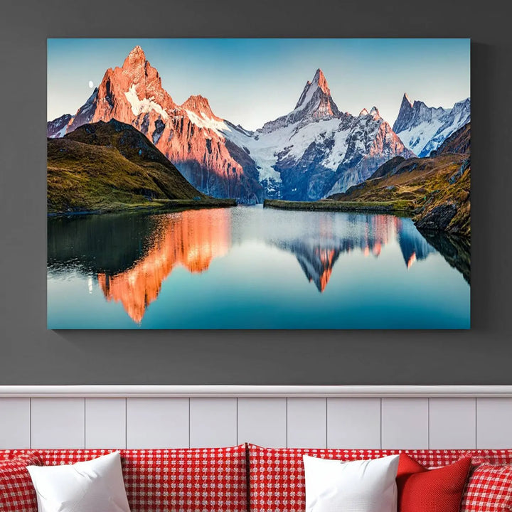 The living room features the Landscape Mountain and Lake View Wall Art Canvas Print. This triptych is expertly handmade in the USA on museum-quality canvas and includes a UV-protective coating to ensure lasting beauty.