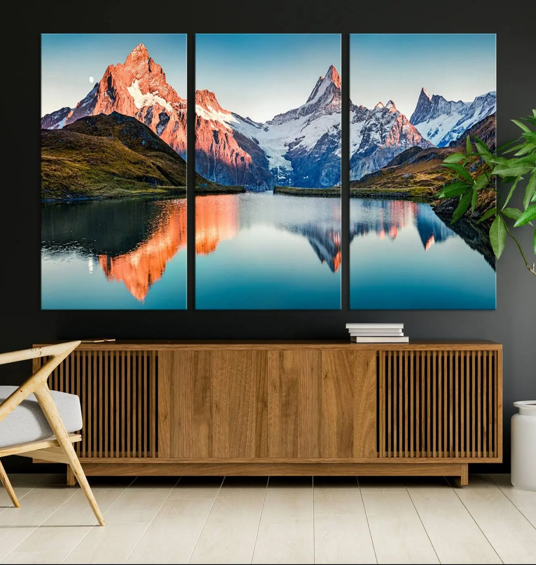 The living room features the Landscape Mountain and Lake View Wall Art Canvas Print. This triptych is expertly handmade in the USA on museum-quality canvas and includes a UV-protective coating to ensure lasting beauty.