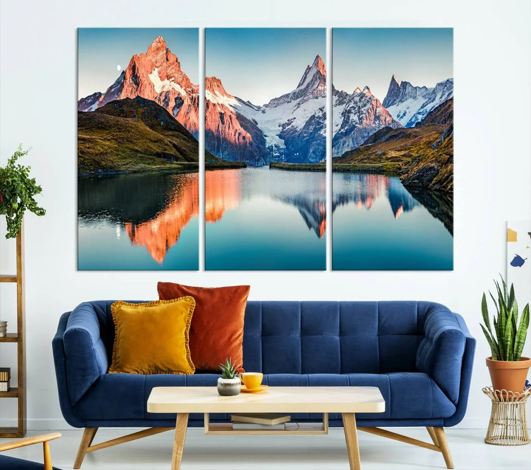 The living room features the Landscape Mountain and Lake View Wall Art Canvas Print. This triptych is expertly handmade in the USA on museum-quality canvas and includes a UV-protective coating to ensure lasting beauty.