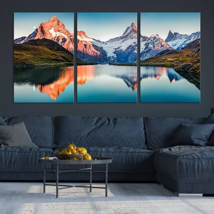 The living room features the Landscape Mountain and Lake View Wall Art Canvas Print. This triptych is expertly handmade in the USA on museum-quality canvas and includes a UV-protective coating to ensure lasting beauty.