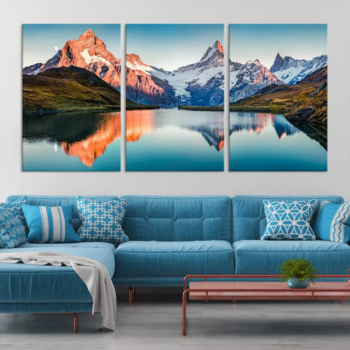 The living room features the Landscape Mountain and Lake View Wall Art Canvas Print. This triptych is expertly handmade in the USA on museum-quality canvas and includes a UV-protective coating to ensure lasting beauty.