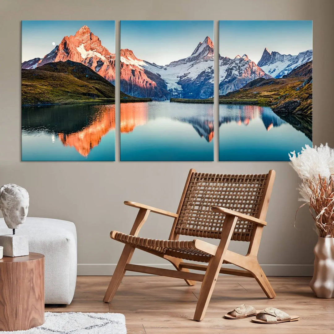 The living room features the Landscape Mountain and Lake View Wall Art Canvas Print. This triptych is expertly handmade in the USA on museum-quality canvas and includes a UV-protective coating to ensure lasting beauty.