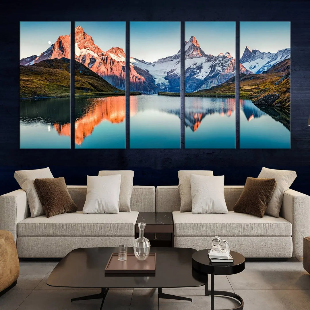 The living room features the Landscape Mountain and Lake View Wall Art Canvas Print. This triptych is expertly handmade in the USA on museum-quality canvas and includes a UV-protective coating to ensure lasting beauty.