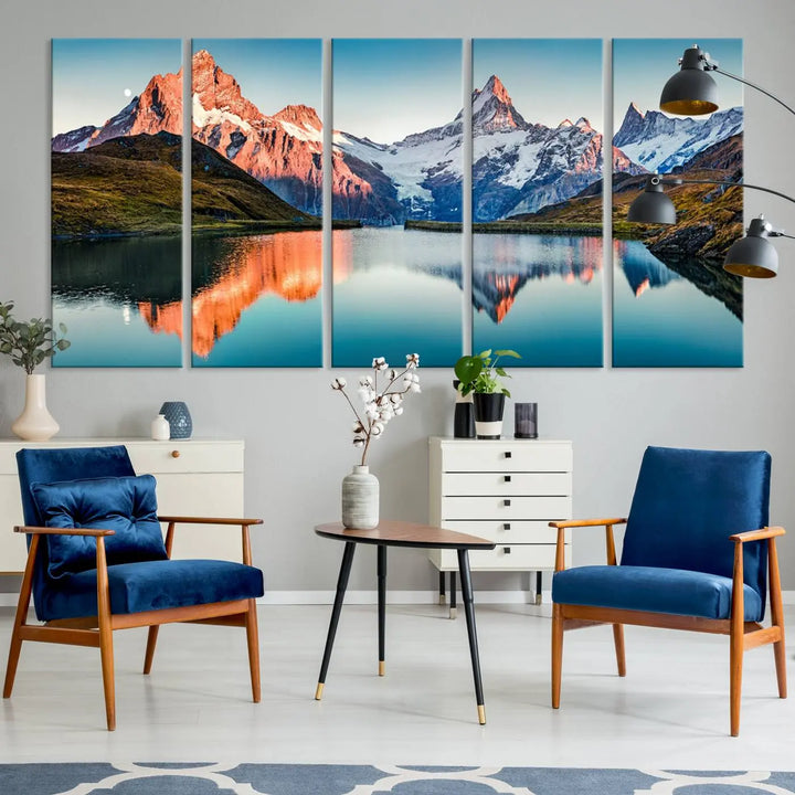 The living room features the Landscape Mountain and Lake View Wall Art Canvas Print. This triptych is expertly handmade in the USA on museum-quality canvas and includes a UV-protective coating to ensure lasting beauty.