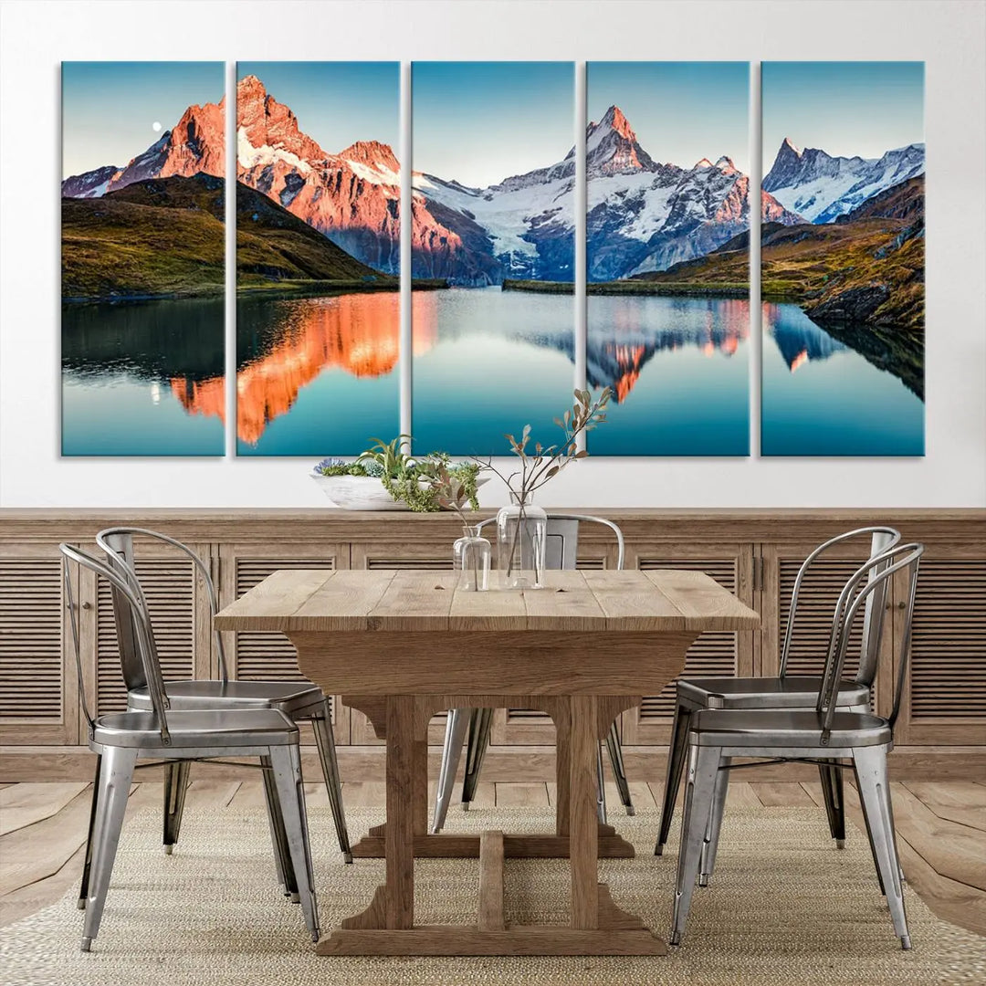 The living room features the Landscape Mountain and Lake View Wall Art Canvas Print. This triptych is expertly handmade in the USA on museum-quality canvas and includes a UV-protective coating to ensure lasting beauty.